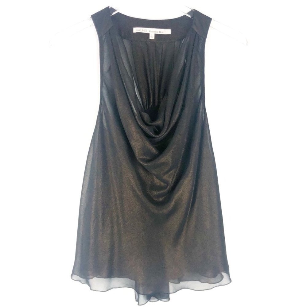NWT RACHEL Rachel Roy Top Drape Front Sheer Flowy Halter. Black/Bronze. Size S